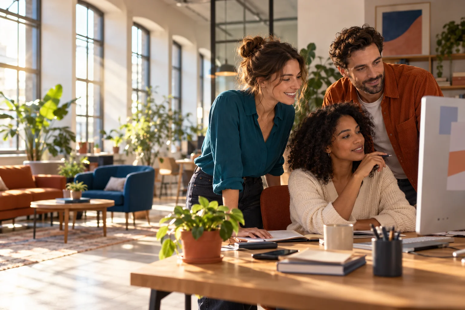 Illustration de collègues travaillant ensemble dans un bureau lumineux