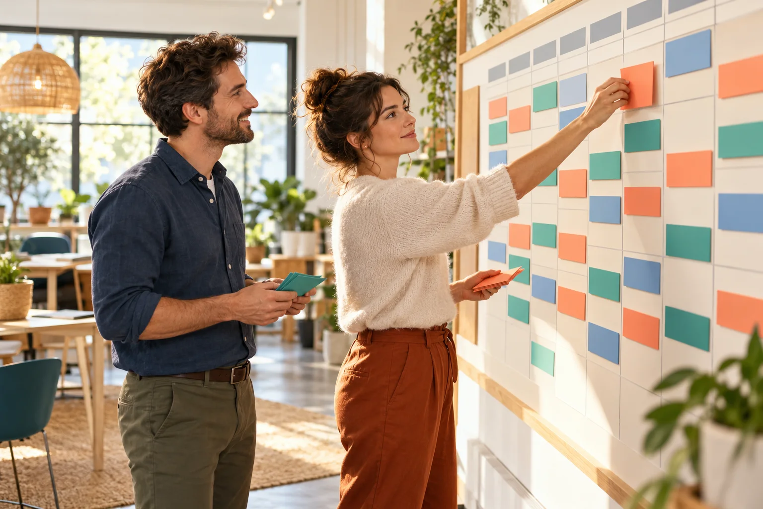 Illustration de deux personnes organisant les missions sur un tableau de planning