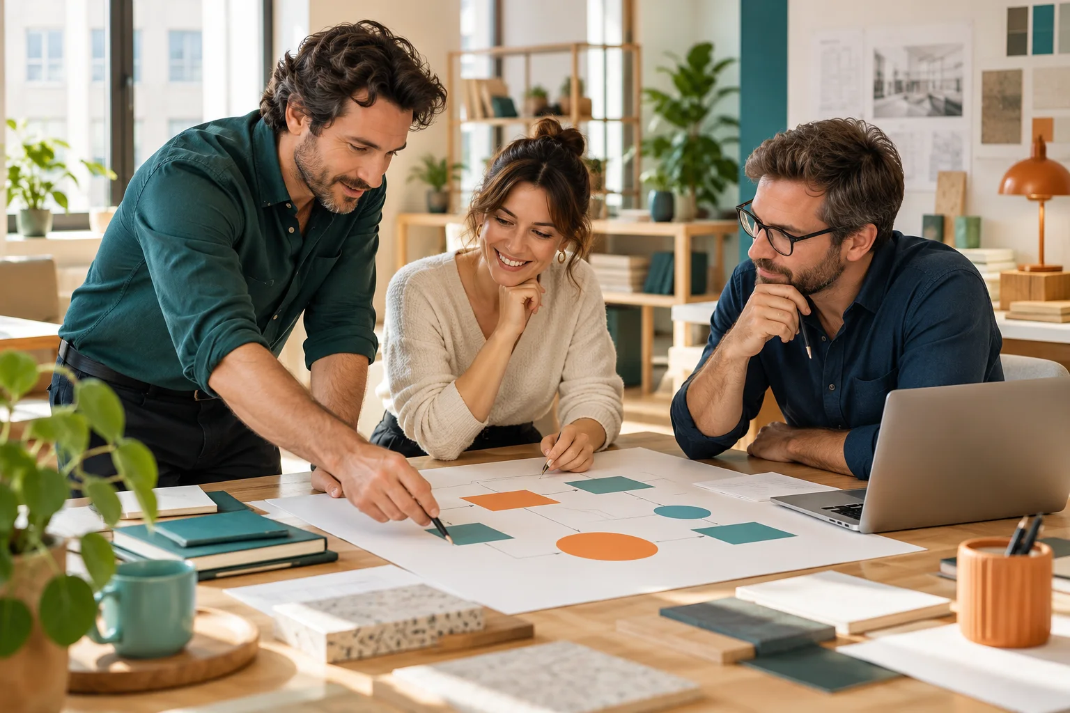 Illustration d’une équipe projet examinant un schéma de mission autour d’une table