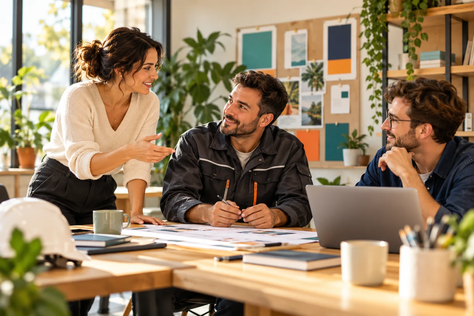 Illustration d’un responsable et de collaborateurs préparant une intervention dans un espace de travail